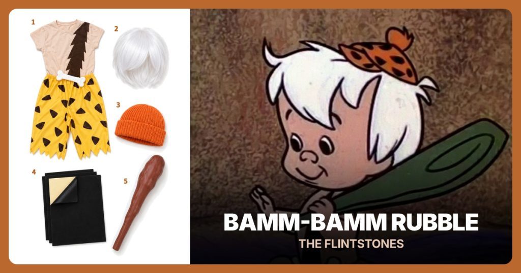 Bamm-Bamm Costume, Short White Wig, Orange Beanie and Black Adhesive Felt beside Bamm-Bamm Rubble