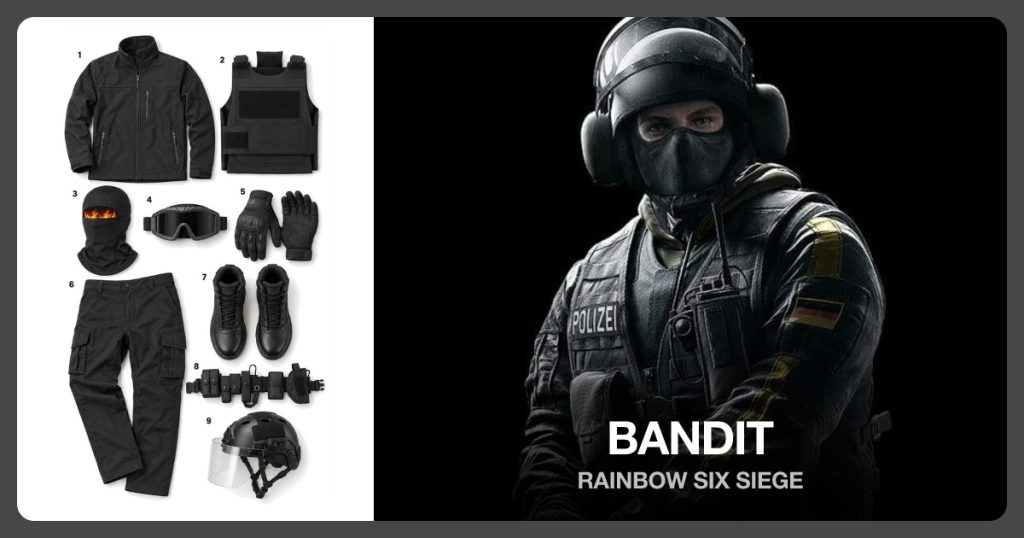 Black tactical jacket, Black tactical vest, Black balaclava and Black protective tactical goggles beside Bandit