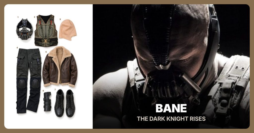 Bane Gunmetal Mask Replica, Military Green Bane Leather Vest, Latex Bald Cap Kit and Bane Cosplay Tactical Pants beside Bane