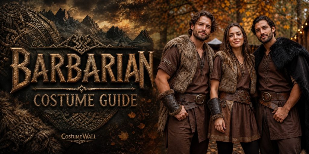 Men’s Dark Brown Tunic, Brown Lace-Up Medieval Dress, Brown Faux Fur Vest and Black Viking Faux Fur Cape beside Barbarian