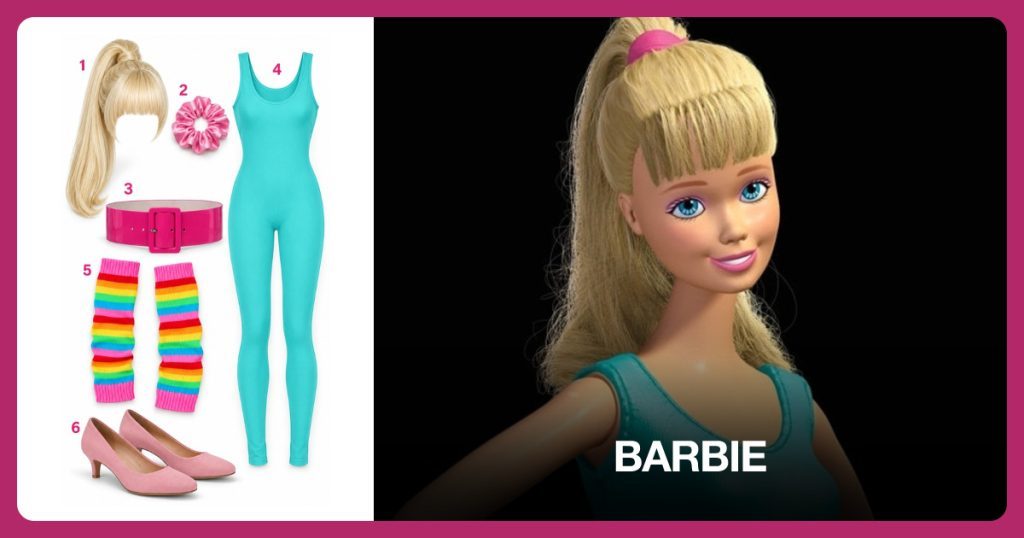 Blonde Ponytail Wig, Pink Satin Scrunchie, Hot Pink Belt and Turquoise Tank Unitard beside Barbie