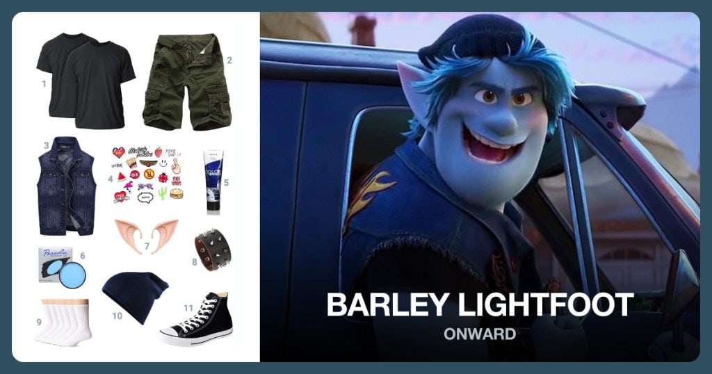Black T-Shirt, Green Cargo Shorts, Denim Vest and Pack of Pins beside Barley Lightfoot