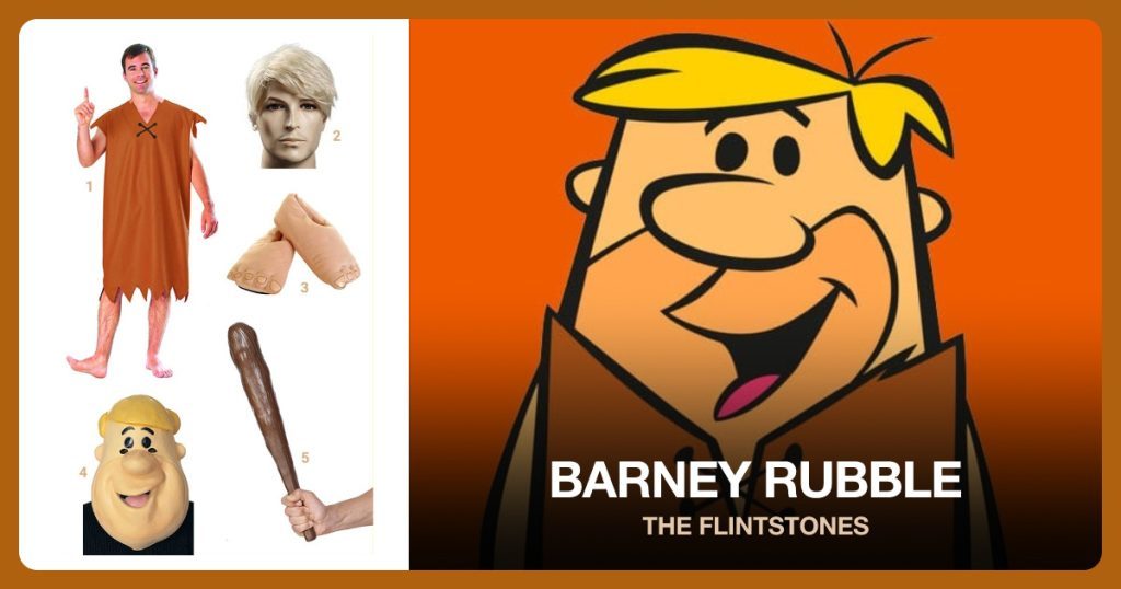 Barneys Costume, Blonde Wig, Feet Slippers and Barney Mask beside Barney Rubble