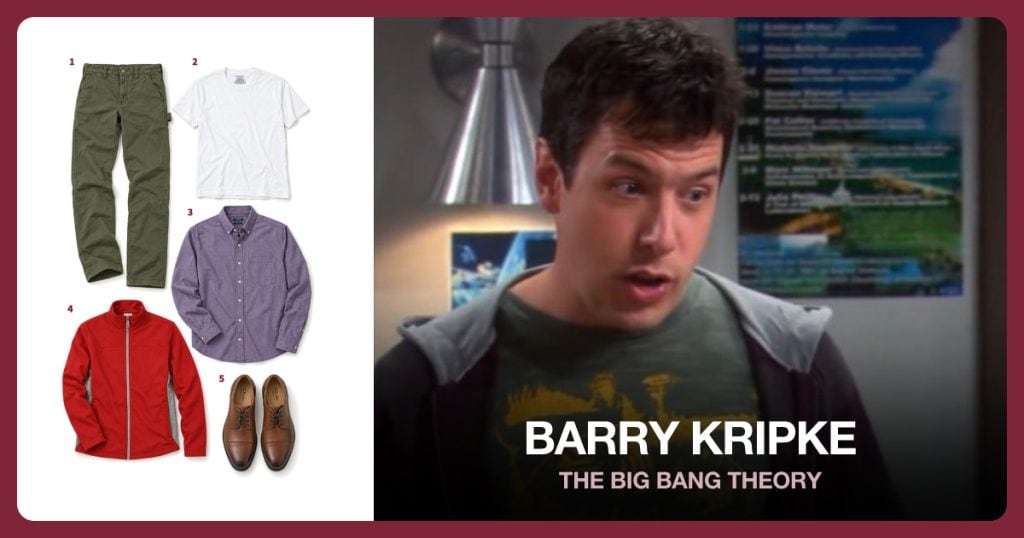 Army Green Dungaree Pants, White Crew Neck T-Shirt, Purple Button Down Shirt and Red Full Zip Jacket beside Barry Kripke