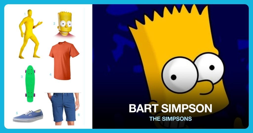 Yellow 2nd Skin Supersuit, Bart Simpson Adult Costume Mask and Green Skateboard beside Bart Simpson