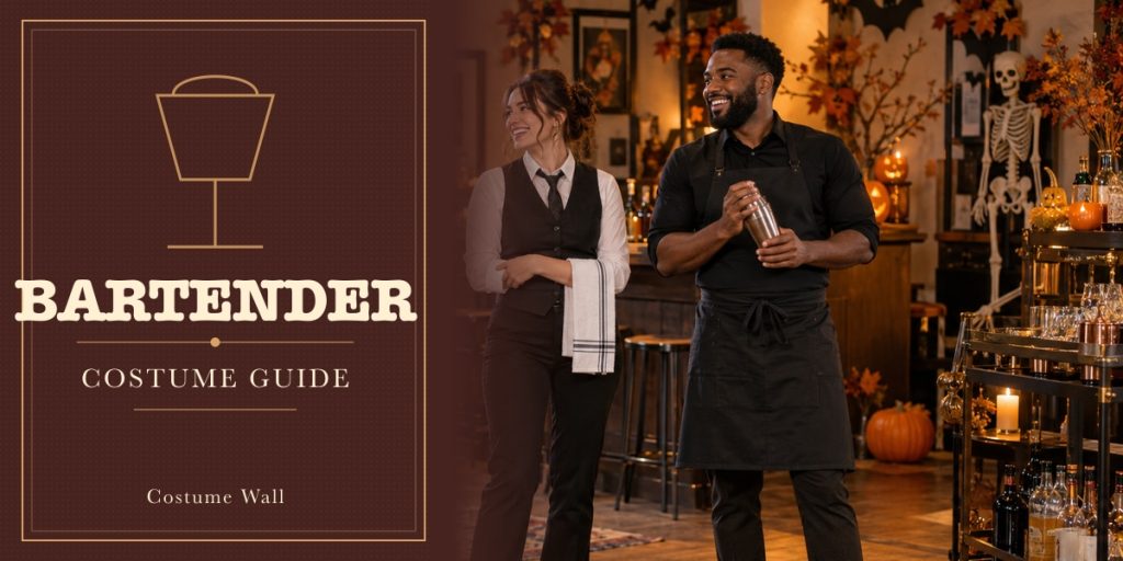 Charcoal Waistcoat, Burgundy Waistcoat, White Button Shirt and Black Button Shirt beside Bartender