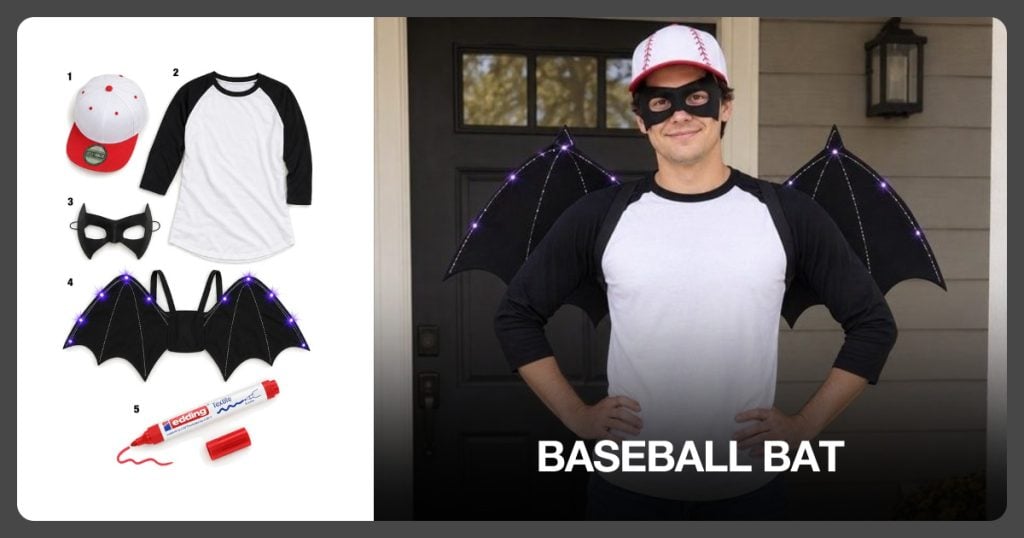 White Baseball Cap, Black And White Raglan Shirt, Bat Eye Mask and Black Bat Wings beside Baseball Bat