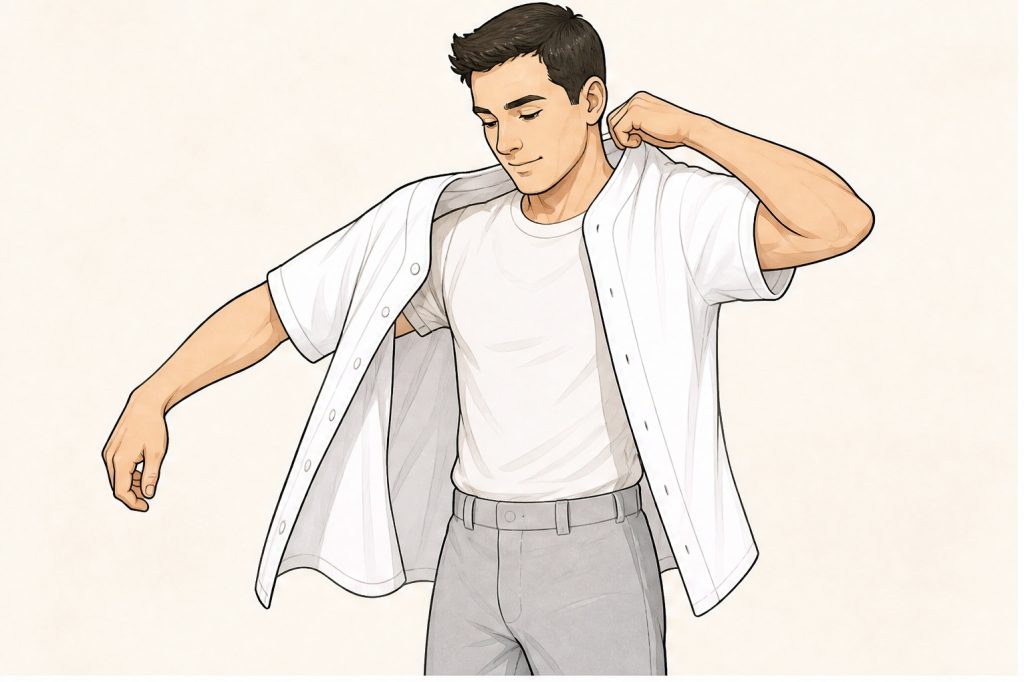 Put on jersey and baseball pants
