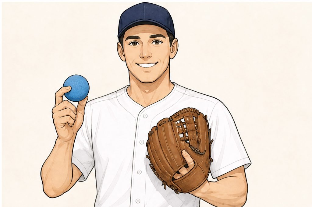 Hold glove and foam ball for photo