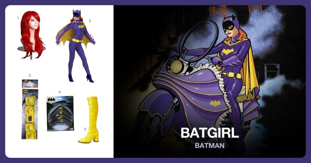Wavy Curly Cosplay Wig, Batgirl Costume, Batman Utility Belt and Batman Foam Bat-A-Rangs beside Batgirl