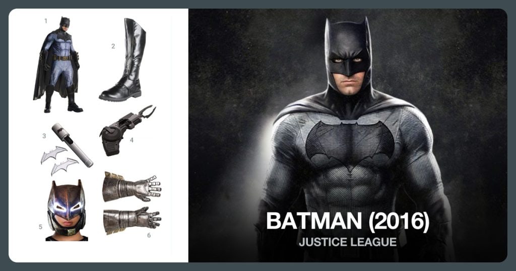 Batman Costume, Batman’s Boots, Batman Light and Batarangs and Grapnel Gun beside Batman (2016)