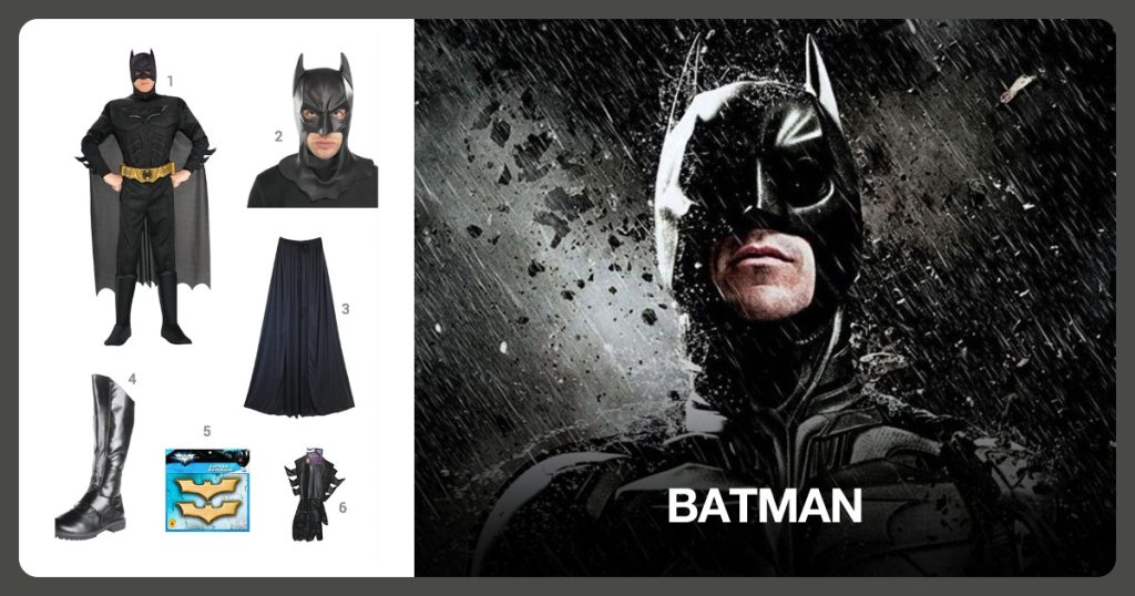 The Dark Knight Deluxe Muscle Chest, Batman Full Overhead Latex Mask, Black Cape and Black Gotham Boot beside Batman