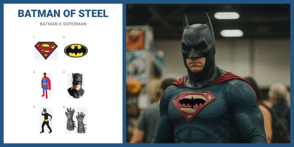 Superman Logo Patch, Batman Logo Patch, Superman Muscle Costume and Black Batman Cowl beside Batman of Steel
