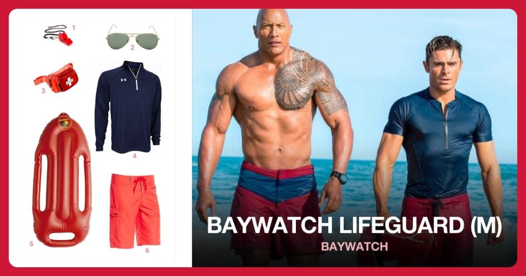Plastic Whistle, Aviator Sunglasses, Lifeguard Fanny Pack and Tech Quarter-Zip Shirt beside Baywatch Lifeguard (Male)