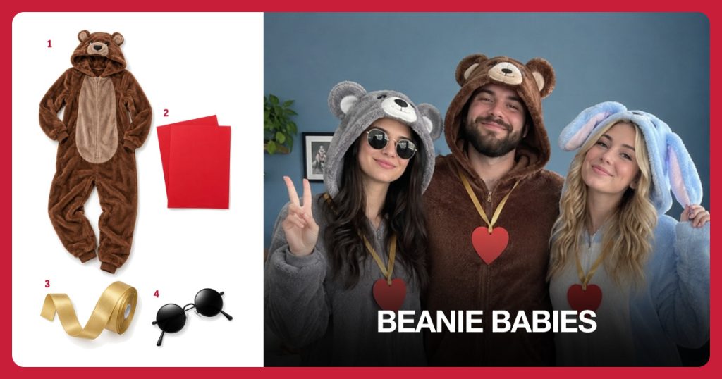 Plush Animal Onesie, Plain Red Cardstock, Gold Satin Ribbon and Round Sunglasses beside Beanie Babies