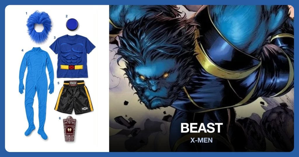 Blue Wig and Beard, Blue Face Paint, Beast Costume T-Shirt and Blue Bodysuit beside Beast