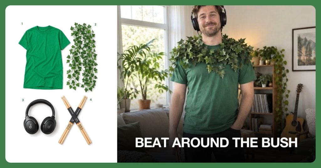 Green T-Shirt, Artificial Greenery Garland, Black Over-Ear Headphones and Wood Drumsticks beside Beat Around the Bush