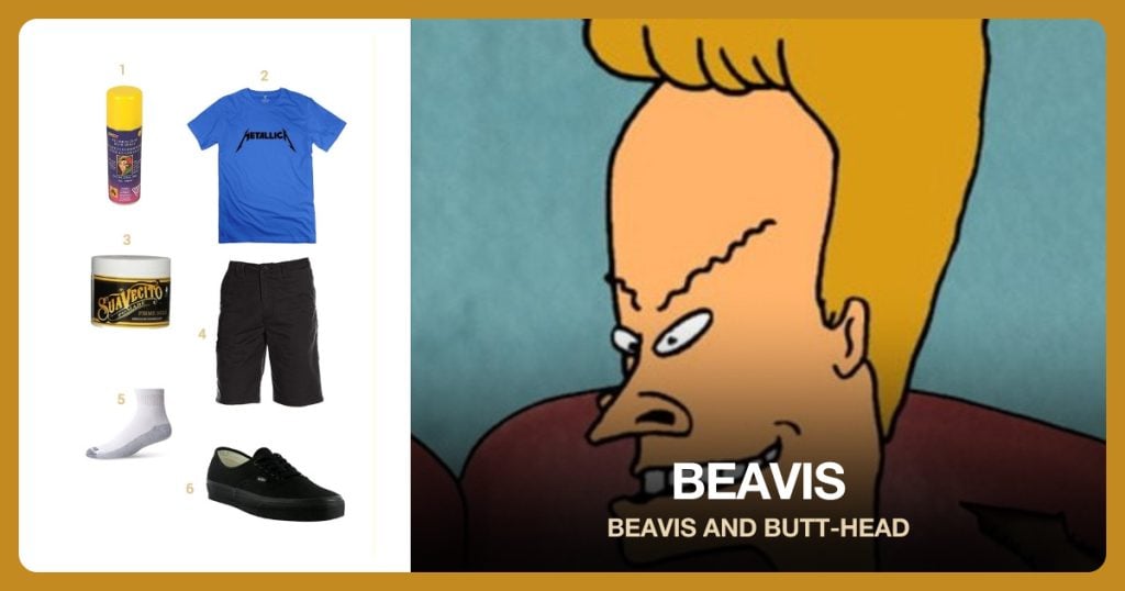 Temporary Colored Hair Spray, Metallica Men’s T-Shirt, Firme Hold Pomade and Black Shorts beside Beavis