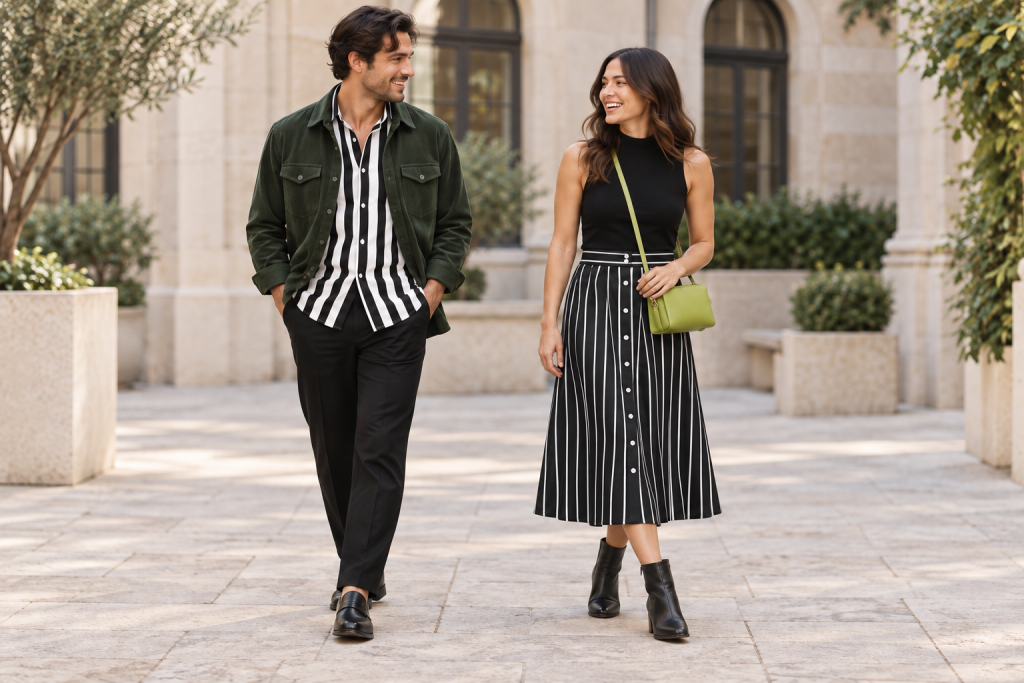 A man in a striped shirt and green overshirt beside a woman in a black top, striped midi skirt and chartreuse bag.