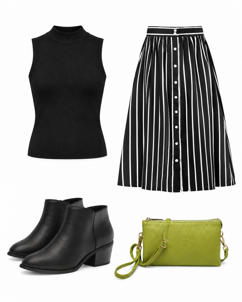 Black mock-neck top, black-and-white striped midi skirt, black ankle boots and chartreuse bag.