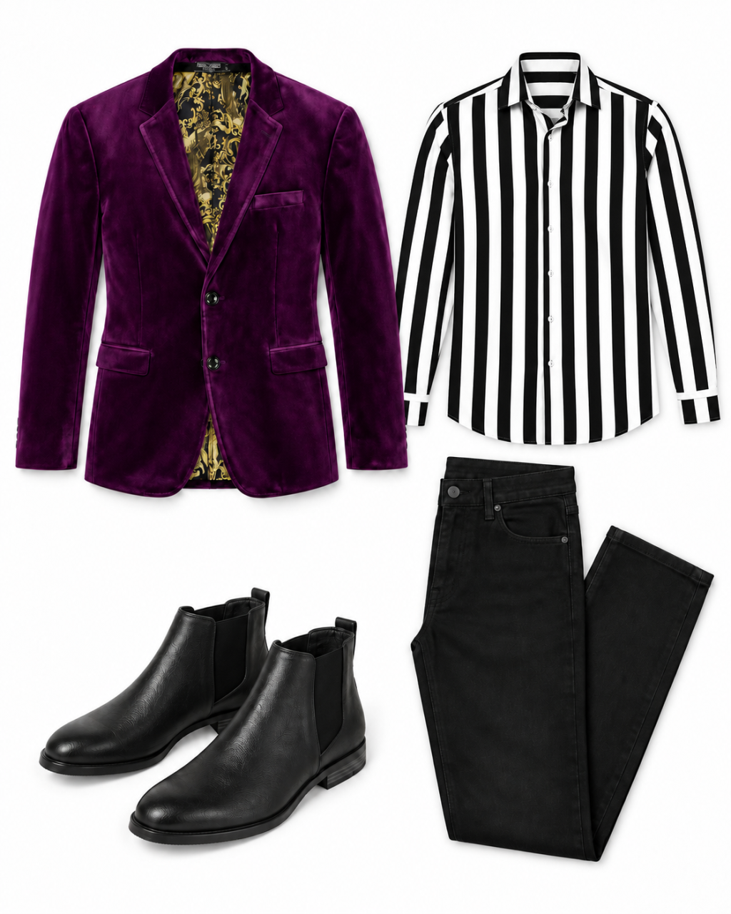 Purple velvet blazer, bold black-and-white striped shirt, black jeans and Chelsea boots.
