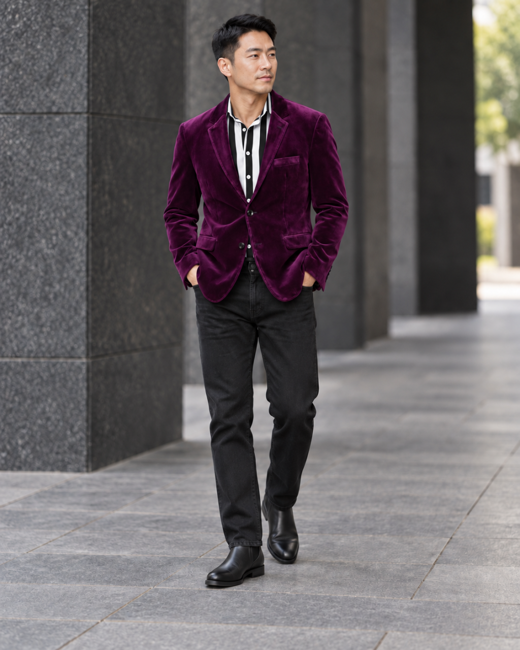 A man in a black-and-white striped shirt under a purple velvet blazer with black jeans and Chelsea boots.