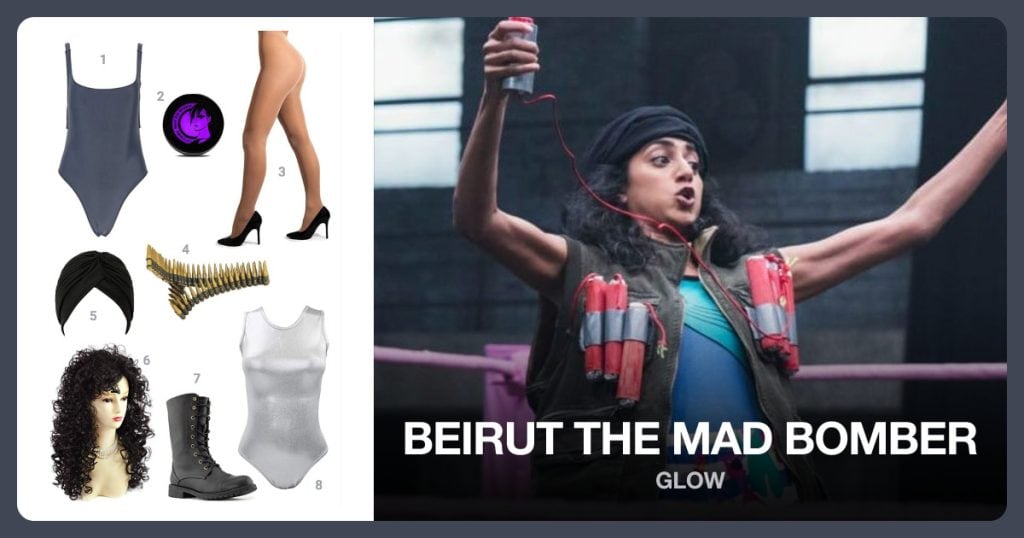 Low Back One-Piece, Purple Eye Shadow, Natural Pantyhose and Bullet Belt beside Beirut the Mad Bomber