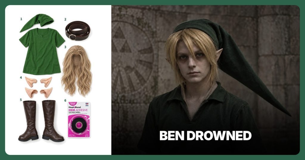 Green Tunic and Cap, Brown Leather Ring Belt, Blond Shoulder-Length Wig and Pointed Elf Ears beside Ben Drowned