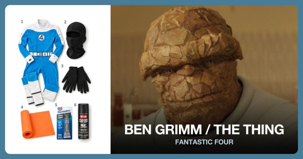 Thing Costume Set, Black Balaclava, Black Costume Gloves and Orange EVA Foam beside Ben Grimm / The Thing