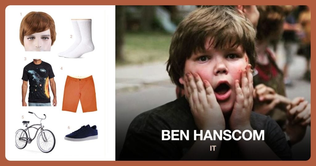 Men’s Short Layered Wig, Men’s Crew Socks, Men’s Solar System T-Shirt and Casual Cargo Shorts beside Ben Hanscom