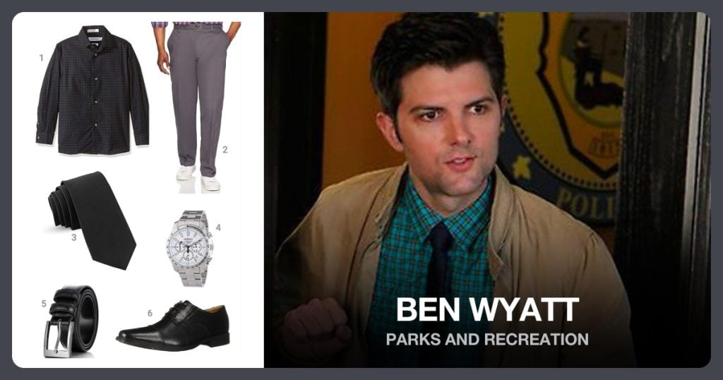 Gingham Button-Down, Grey Chino Pant, Black Slim Tie and Men’s Watch beside Ben Wyatt