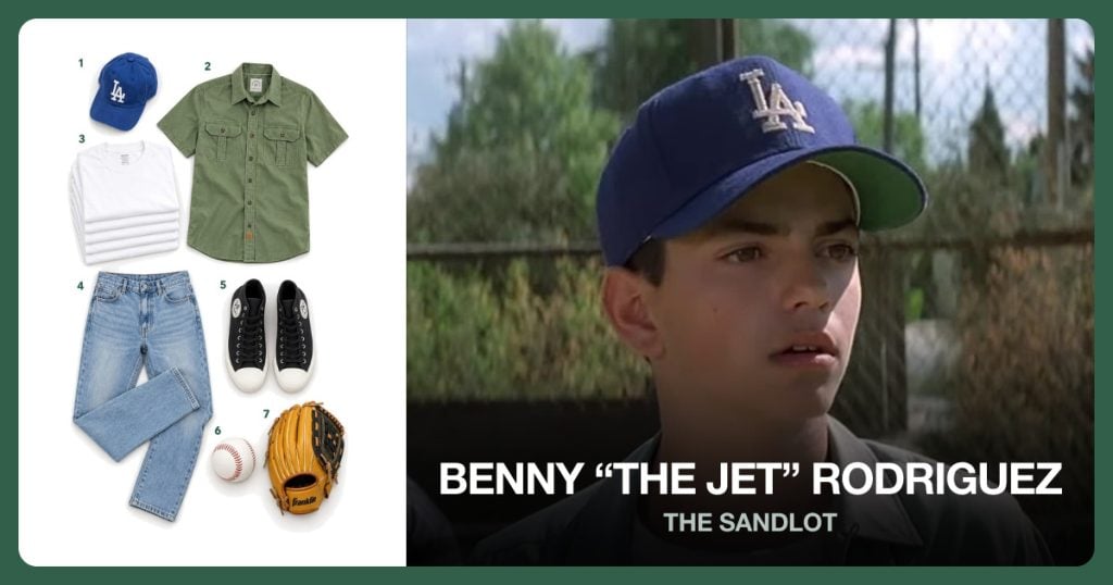 Los Angeles Dodgers Cap, Sage Green Work Shirt, White Crewneck T-Shirt and Light Blue Jeans beside Benny “The Jet” Rodriguez