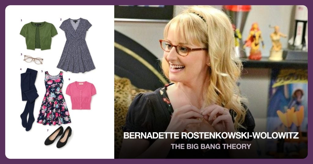 Dark Green Short Sleeved Crop Sweater, Navy, Army Green, And Ivory Print Dress and Reading Glasses beside Bernadette Rostenkowski-Wolowitz