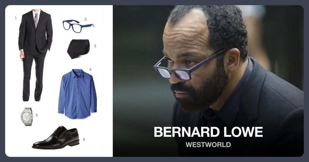 Black Two-button Suit, Blue Framed Glasses, Black Tie and Van Heusen Long Sleeve Shirt beside Bernard Lowe