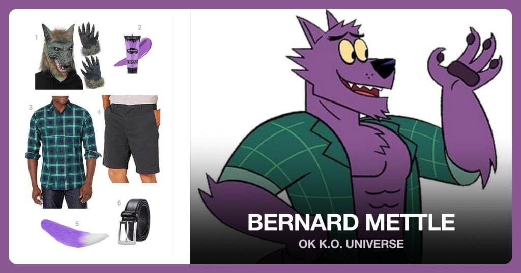Wolf Head Mask and Claws, Purple Face Body Paint and Men’s Long-Sleeve Plaid Flannel Shirt beside Bernard Mettle