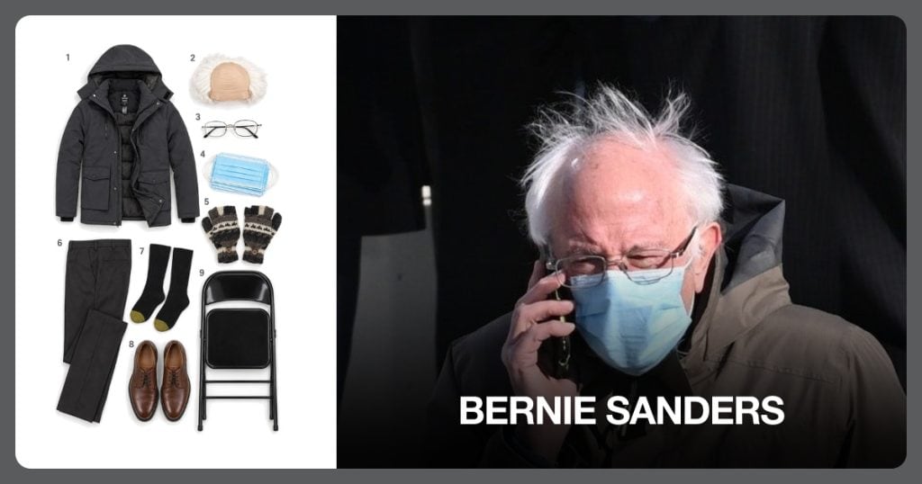 Grey Insulated Parka, White Bald Man Wig, Metal Rim Reading Glasses and Disposable Face Masks beside Bernie Sanders