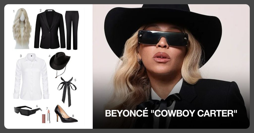 Long Wavy Ash Blonde Wig, Women’s 2 Piece Business Suit, White Long Sleeve Shirt and Black Cowgirl Hat beside Beyoncé "Cowboy Carter"