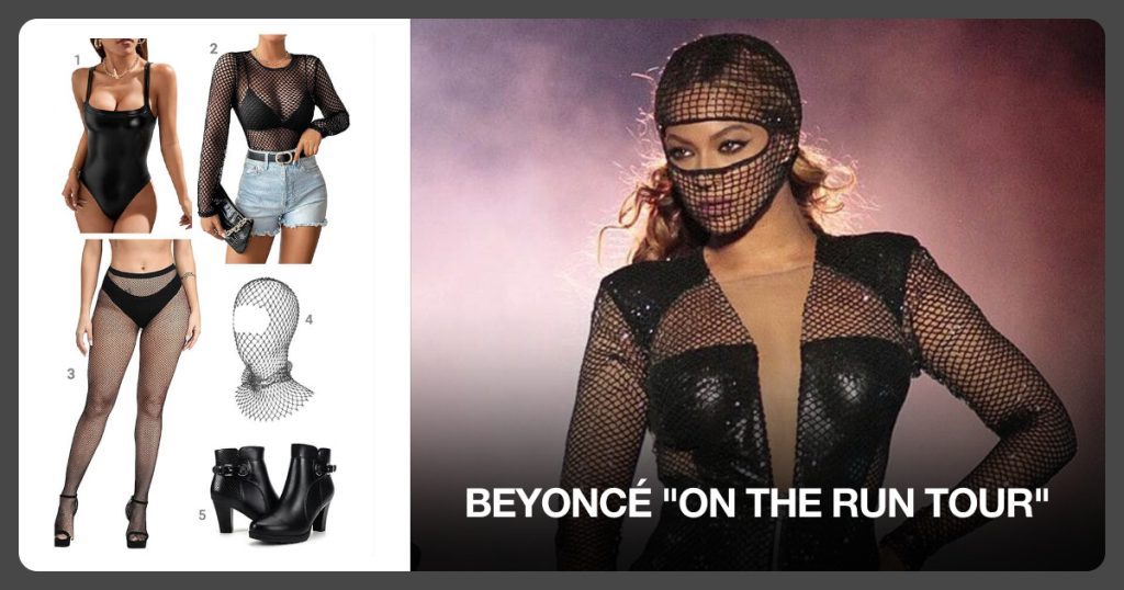 Black Leather Bodysuit, Fishnet Mesh Top, Fishnet Stockings and Fishnet Full Face Mask beside Beyoncé "On the Run Tour"
