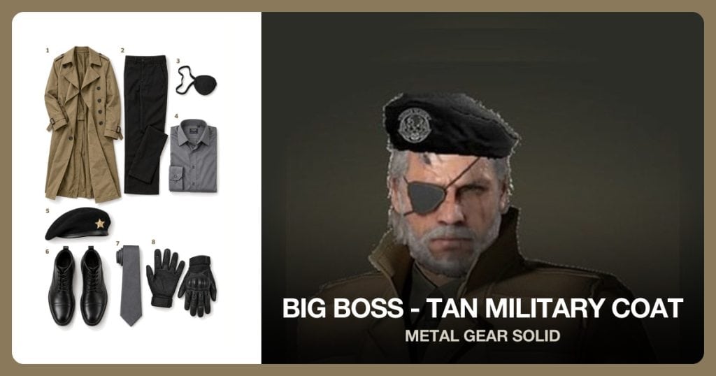 Tan Military Long Coat, Black Dress Pants, Black Eyepatch and Gray Dress Shirt beside Big Boss - Tan Military Coat