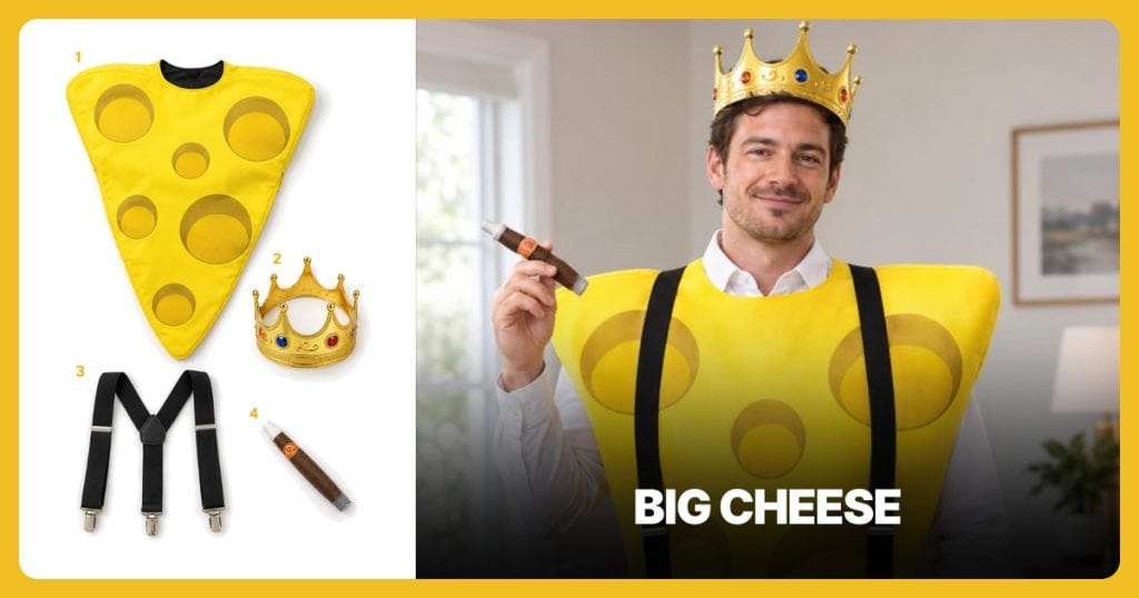 Yellow Cheese Costume, Gold King Crown, Black Suspenders and Faux Cigar Prop beside Big Cheese