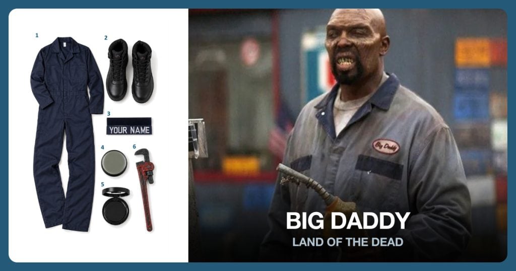 Blue Mechanic Coveralls, Dark Work Boots, Custom Navy Name Patch and Zombie Cream Makeup beside Big Daddy