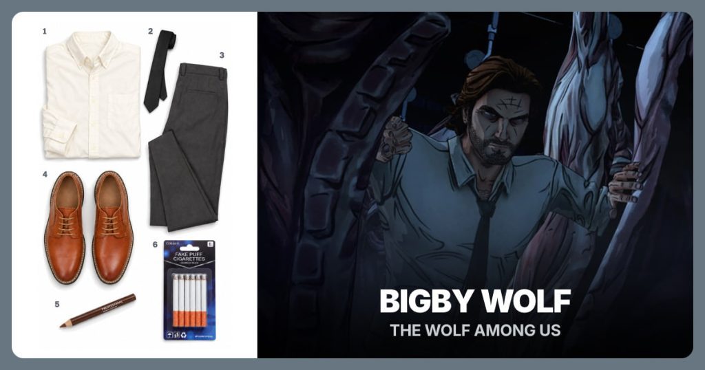 Ivory Button-Down Shirt, Black Skinny Tie, Charcoal Dress Pants and Brown Oxford Shoes beside Bigby Wolf