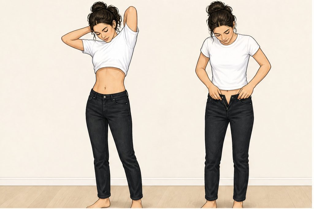 Put on T-shirt and dark jeans