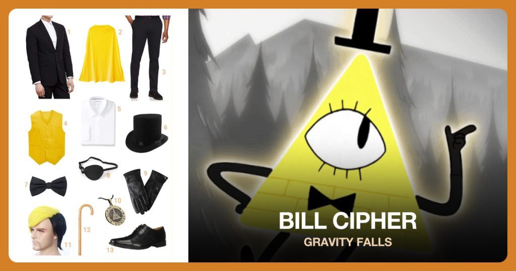 Suit Jacket, Yellow Cape, Black Pants and Yellow Vest beside Bill Cipher