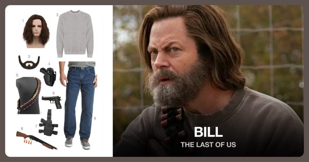 Short Curly Brown Wig, Crewneck Sweatshirt, Fake Beard and Gun Holster for Pistol beside Bill