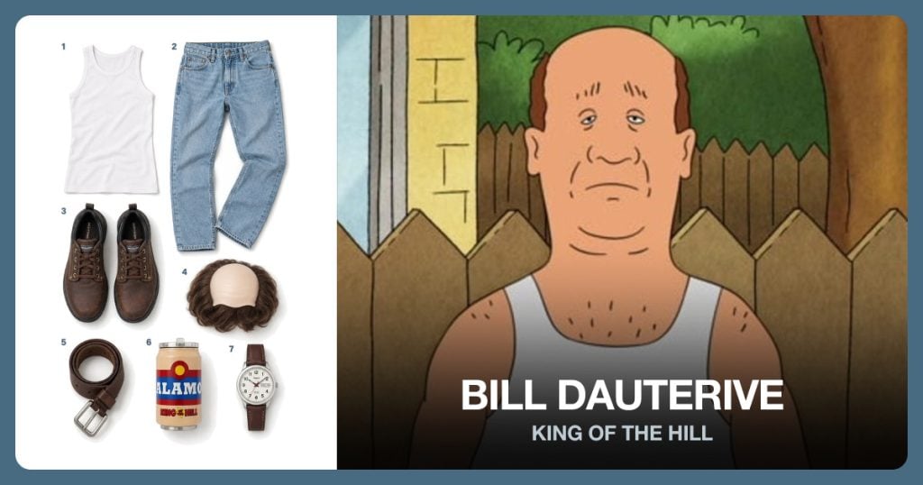 White Ribbed Tank Top, Light Blue Jeans, Brown Lace-Up Shoes and Balding Brown Wig beside Bill Dauterive
