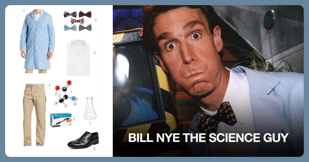 Light Blue Lab Coat, Mixed Design Bow Tie Bundle, White Dress Shirt and Khaki Pants beside Bill Nye the Science Guy