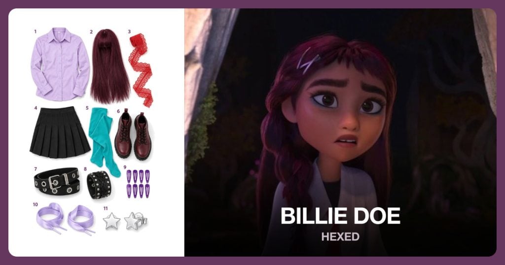 Pale Lavender Shirt, Burgundy Bangs Wig, Red Lace Ribbon and Black Pleated Skirt beside Billie Doe