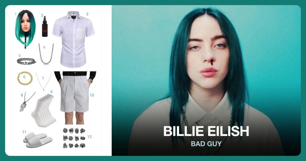 Teal Ombre Straight Short Wig, Fake Blood, White Short Sleeve Dress Shirt and Stainless Steel Chain Necklace beside Billie Eilish (”Bad Guy”)