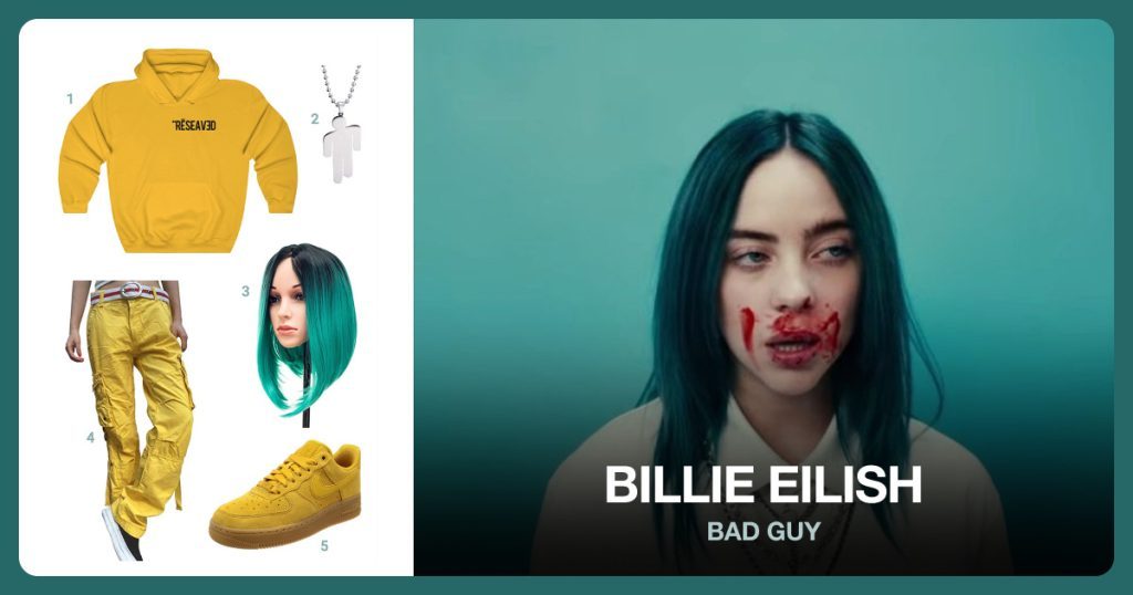 Bad Guy Hoodie, Billie Eilish Necklace, Teal Hair Wig and Yellow Cargo Pants beside Billie Eilish